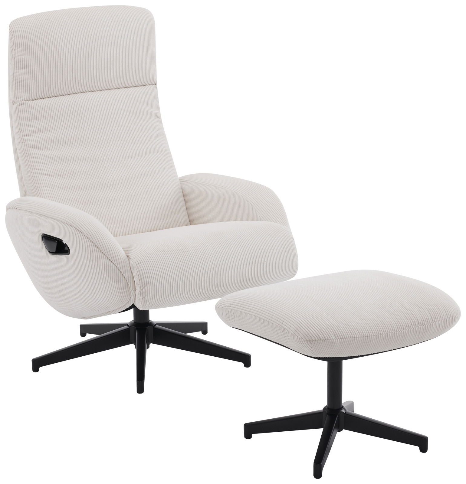 Weißer Relaxsessel mit Hocker, seitliche Perspektive