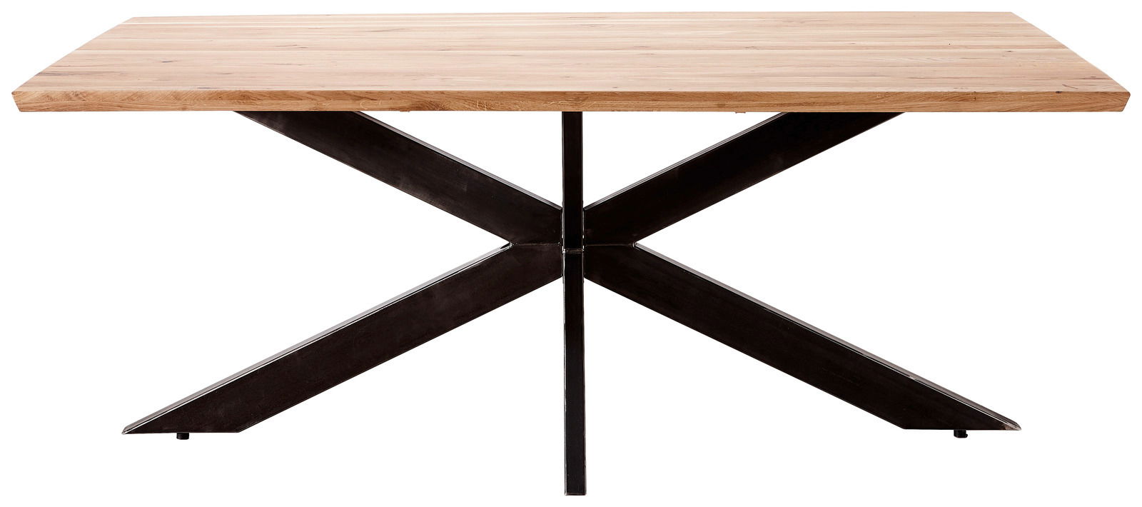 Moderner Esstisch mit Holzplatte und schwarzem Metallgestell, Frontalansicht