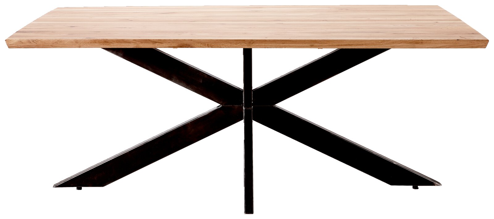 Moderne eettafel met houten blad en zwart metalen onderstel, vooraanzicht