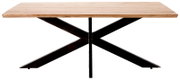 Moderne eettafel met houten blad en zwart metalen onderstel, vooraanzicht
