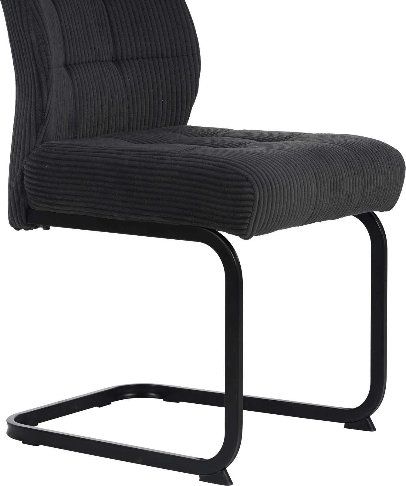 Schwarzer Schwingstuhl mit geripptem Stoffbezug, seitliche Perspektive
