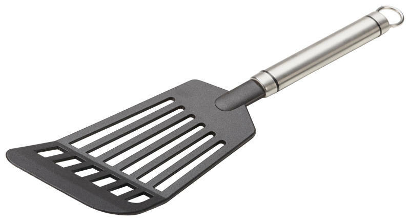 Nylon-Ei- und Gemüsewender mit Edelstahlgriff, seitliche Perspektive