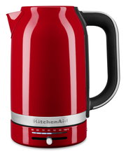 Roter Wasserkocher mit Temperaturanzeige und schwarzem Griff, seitliche Perspektive