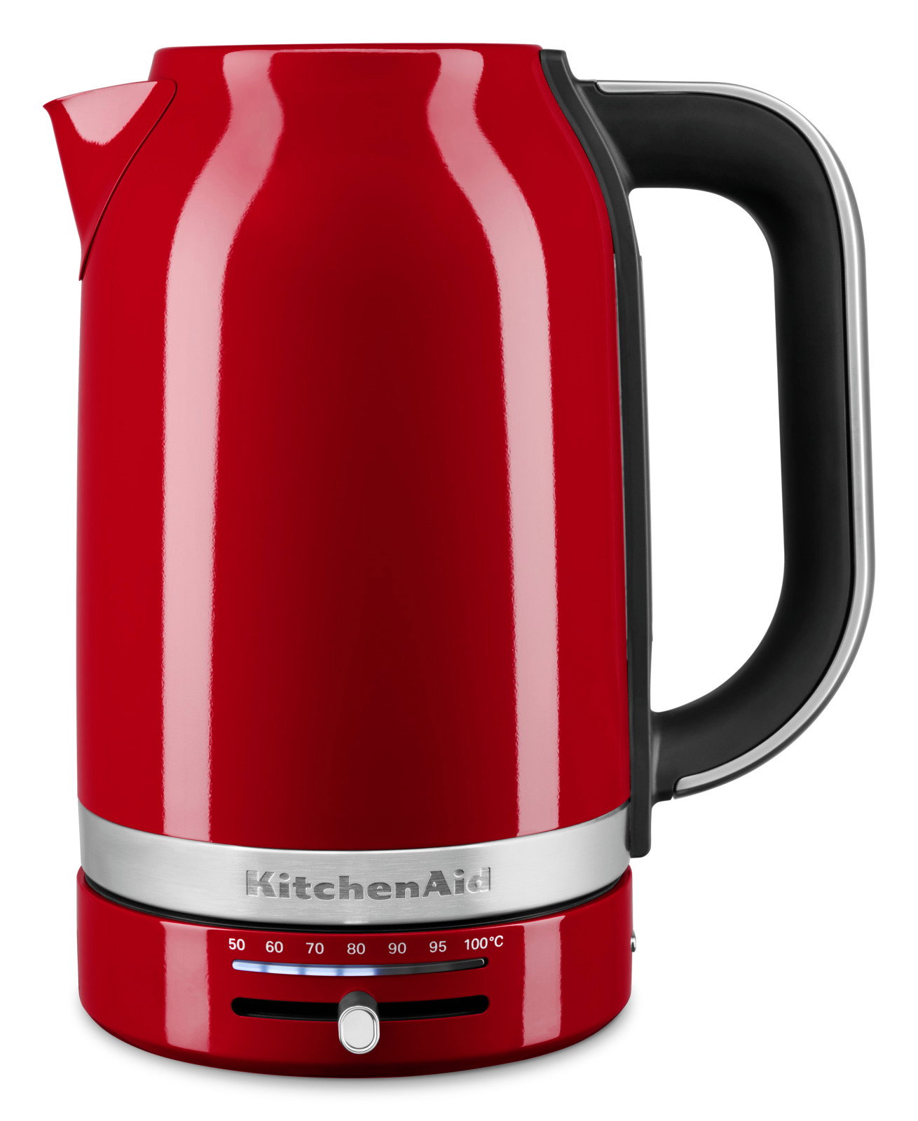 Roter Wasserkocher mit Temperaturanzeige und schwarzem Griff, seitliche Perspektive