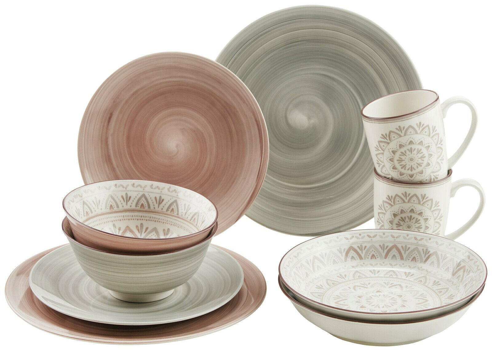 Porzellan-Set Valencia 30-teilig, bestehend aus Tellern, Schalen und Tassen mit dekorativem Muster in Erdtönen, seitliche Perspektive