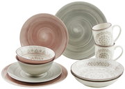 Porzellan-Set Valencia 30-teilig, bestehend aus Tellern, Schalen und Tassen mit dekorativem Muster in Erdtönen, seitliche Perspektive