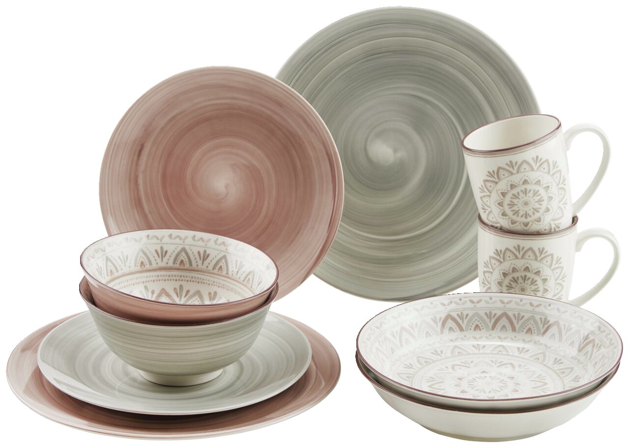 Porzellan-Set Valencia 30-teilig, bestehend aus Tellern, Schalen und Tassen mit dekorativem Muster in Erdtönen, seitliche Perspektive