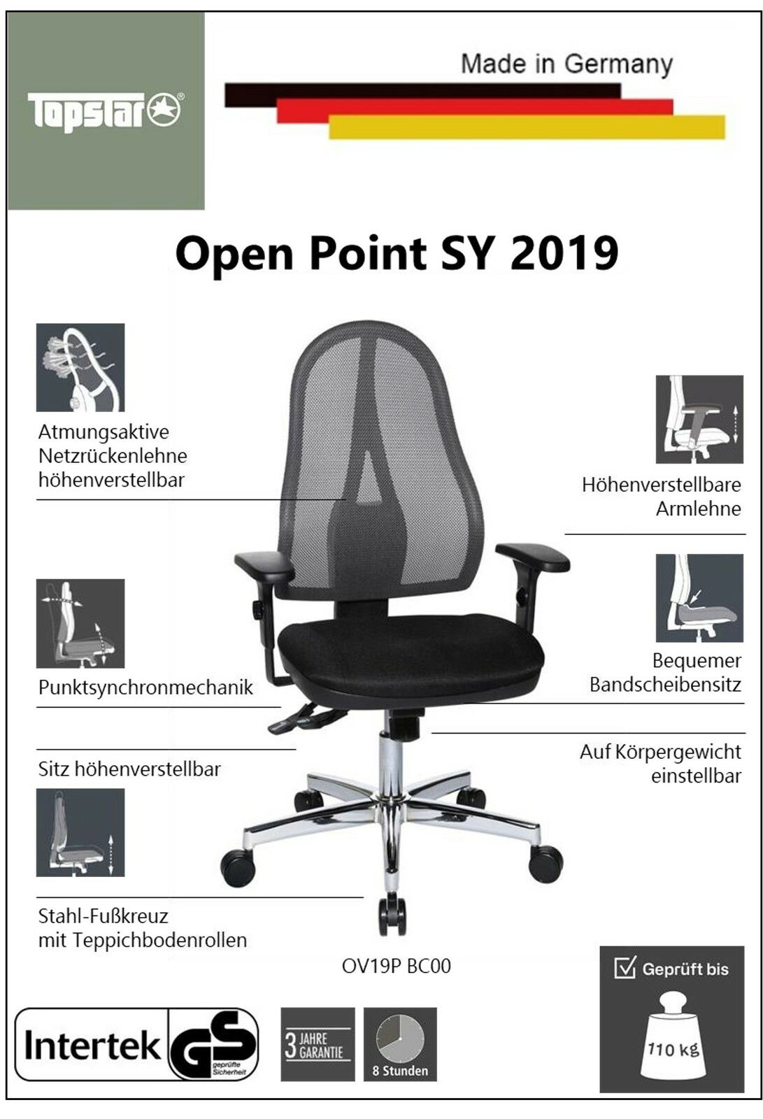 Bürostuhl mit atmungsaktiver Netzrückenlehne, höhenverstellbaren Armlehnen und Sitz, Punkt-Synchronmechanik, Stahl-Fußkreuz mit Teppichbodenrollen, Vorderansicht.