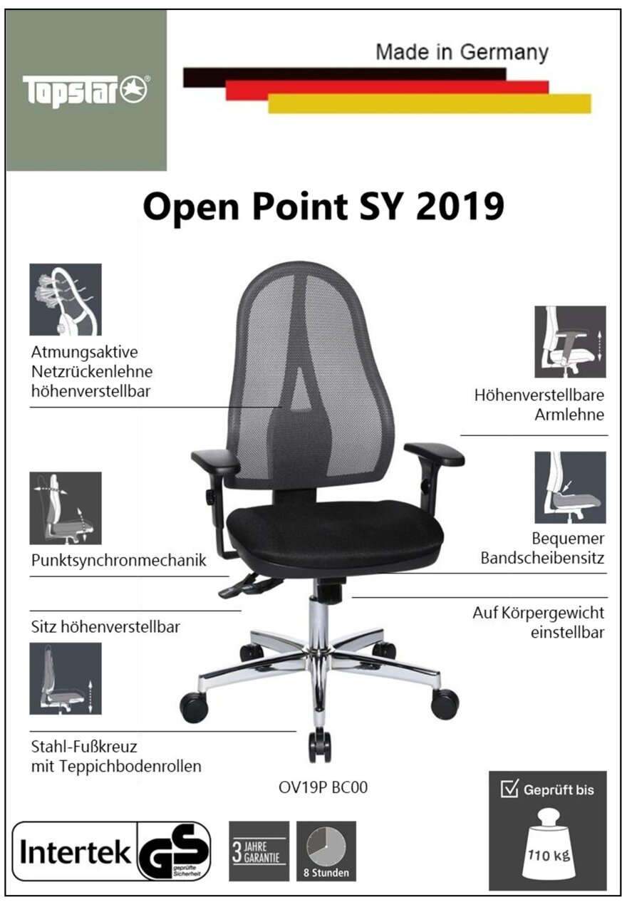 Bürostuhl mit atmungsaktiver Netzrückenlehne, höhenverstellbaren Armlehnen und Sitz, Punkt-Synchronmechanik, Stahl-Fußkreuz mit Teppichbodenrollen, Vorderansicht.