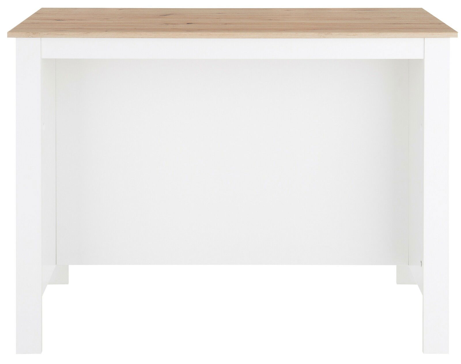 Kücheninsel mit weißem Korpus und Holzarbeitsplatte, Frontalansicht