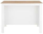 Kücheninsel mit weißem Korpus und Holzarbeitsplatte, Frontalansicht