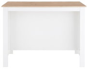 Kücheninsel mit weißem Korpus und Holzarbeitsplatte, Frontalansicht