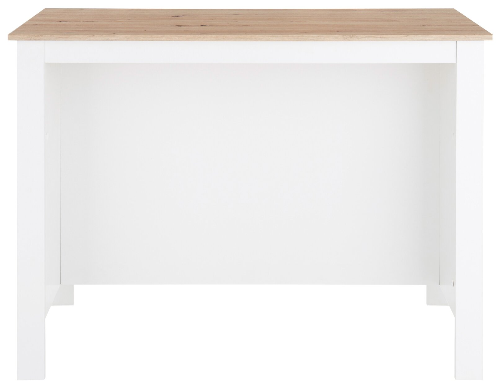 Kücheninsel mit weißem Korpus und Holzarbeitsplatte, Frontalansicht