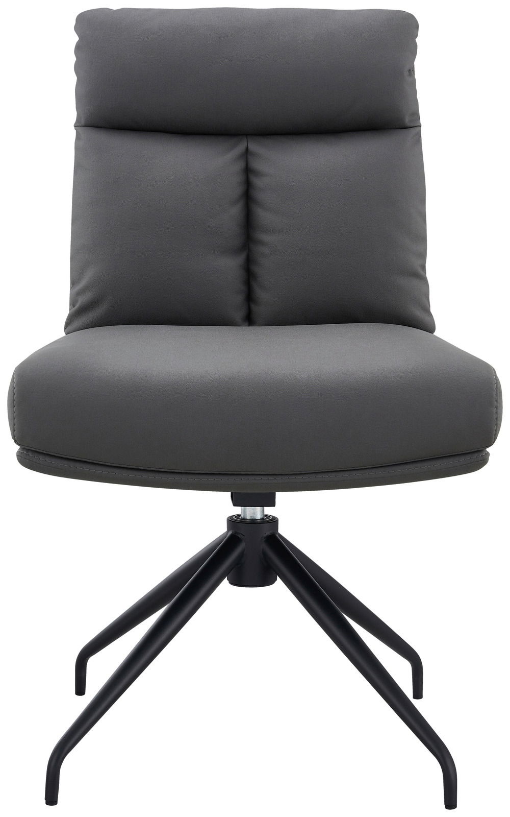 Grauer Stuhl mit gepolsterter Rückenlehne und Sitzfläche, schwarzes Metallgestell, Frontalansicht