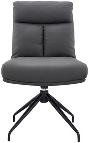 Grauer Stuhl mit gepolsterter Rückenlehne und Sitzfläche, schwarzes Metallgestell, Frontalansicht