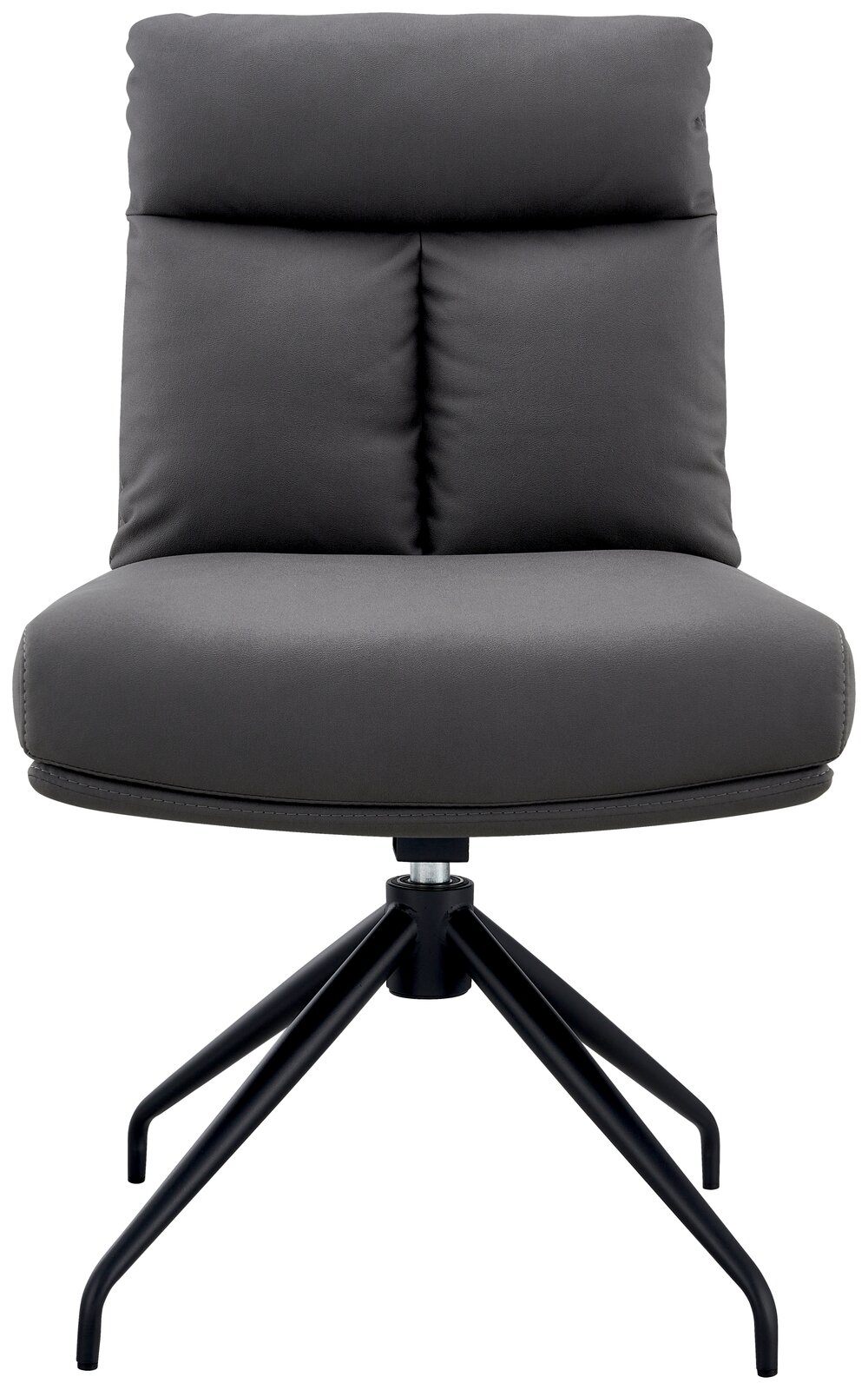 Grauer Stuhl mit gepolsterter Rückenlehne und Sitzfläche, schwarzes Metallgestell, Frontalansicht