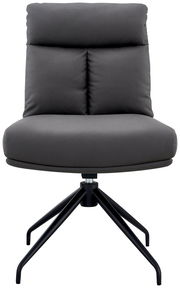 Grauer Stuhl mit gepolsterter Rückenlehne und Sitzfläche, schwarzes Metallgestell, Frontalansicht