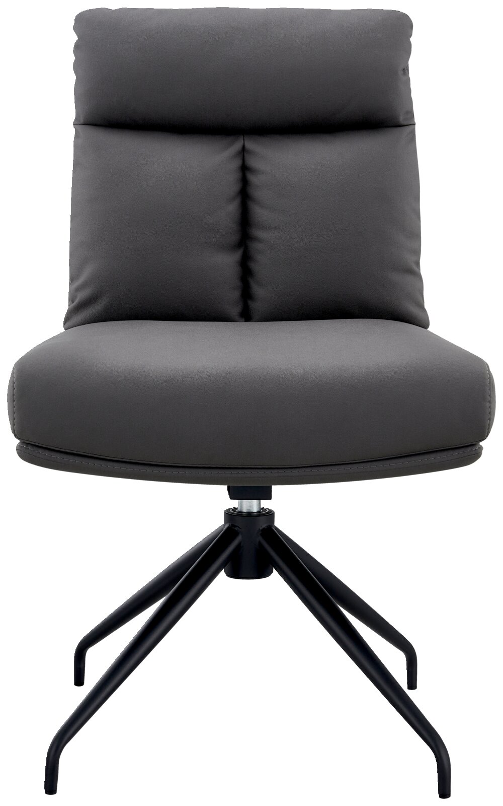 Grauer Stuhl mit gepolsterter Rückenlehne und Sitzfläche, schwarzes Metallgestell, Frontalansicht