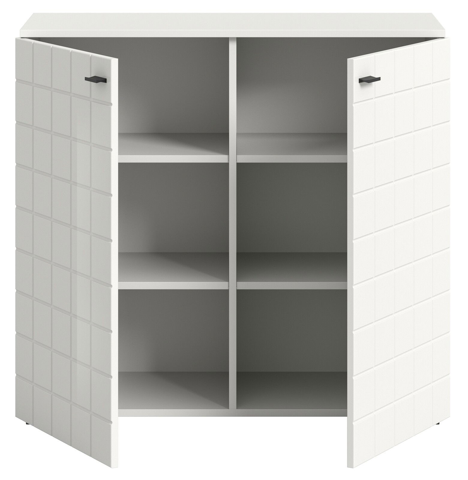 Weiße Kommode mit zwei geöffneten Türen und sechs Fächern, frontale Ansicht