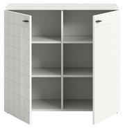 Weiße Kommode mit zwei geöffneten Türen und sechs Fächern, frontale Ansicht