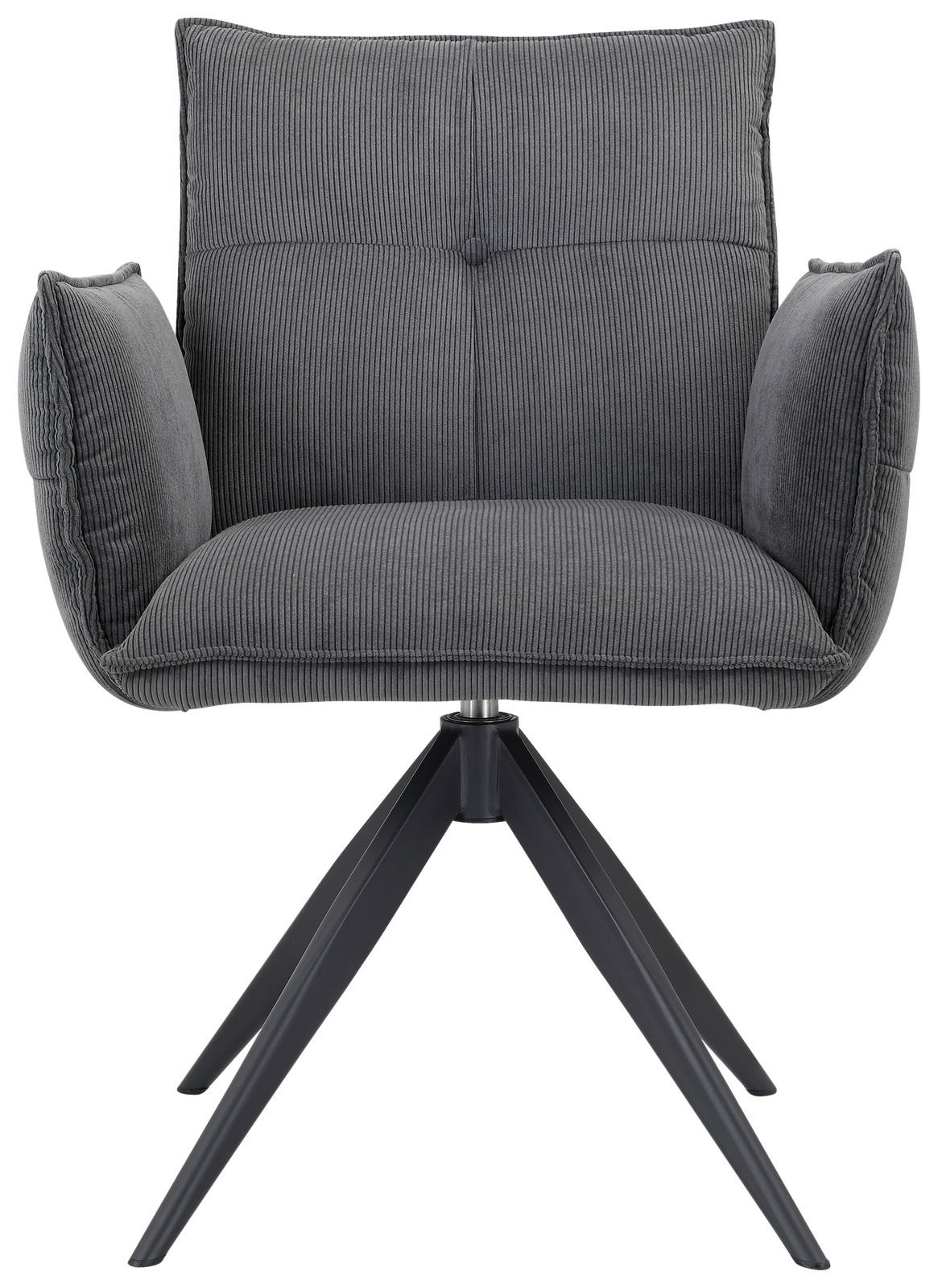 Grauer Armlehnstuhl mit gepolstertem Sitz und Rückenlehne, aus der Vorderansicht fotografiert, auf einem schwarzen Metallgestell mit vier Beinen.