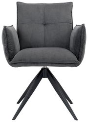 Grauer Armlehnstuhl mit gepolstertem Sitz und Rückenlehne, aus der Vorderansicht fotografiert, auf einem schwarzen Metallgestell mit vier Beinen.