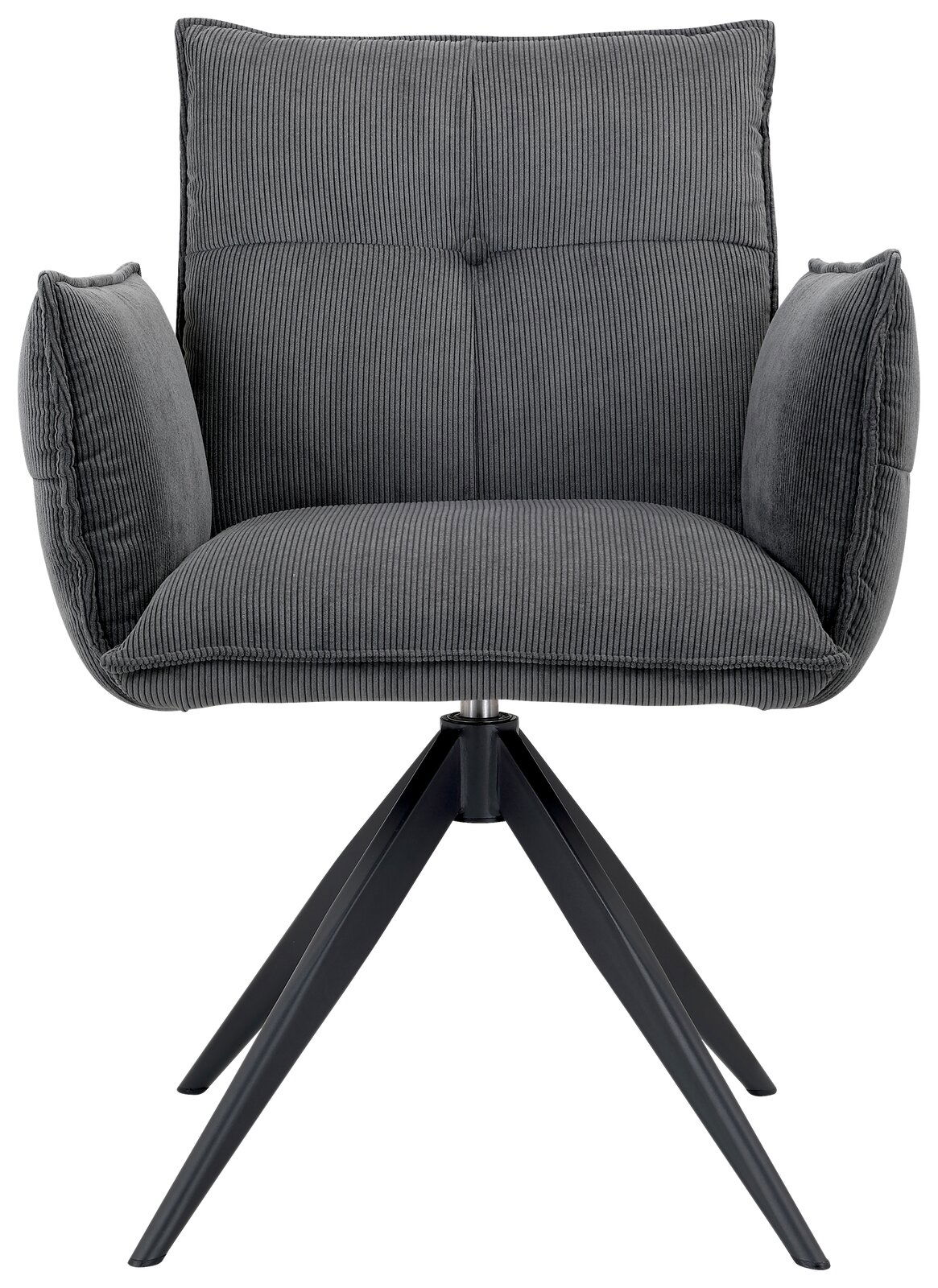 Grauer Armlehnstuhl mit gepolstertem Sitz und Rückenlehne, aus der Vorderansicht fotografiert, auf einem schwarzen Metallgestell mit vier Beinen.