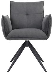 Grauer Armlehnstuhl mit gepolstertem Sitz und Rückenlehne, aus der Vorderansicht fotografiert, auf einem schwarzen Metallgestell mit vier Beinen.