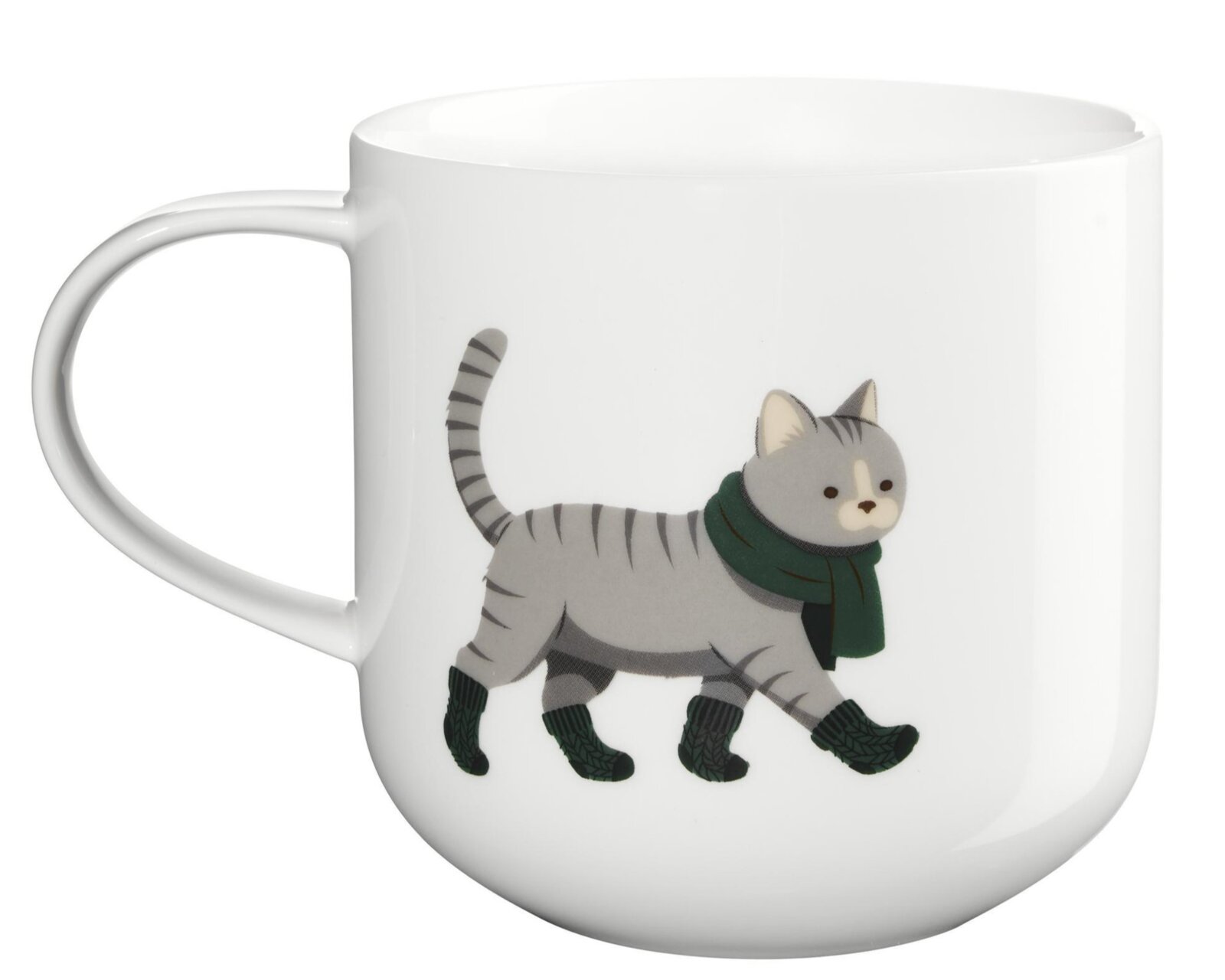 ASA SELECTION Cat-beker met handvat COPPA XMAS Witte mok met afgeronde vorm en illustratie van een grijze kat met groene sjaal en laarsjes, vanuit schuin vooraanzicht met het oor links