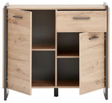 Kommode aus Holz mit zwei offenen Türen und einer Schublade, frontale Ansicht