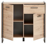 Kommode aus Holz mit zwei offenen Türen und einer Schublade, frontale Ansicht