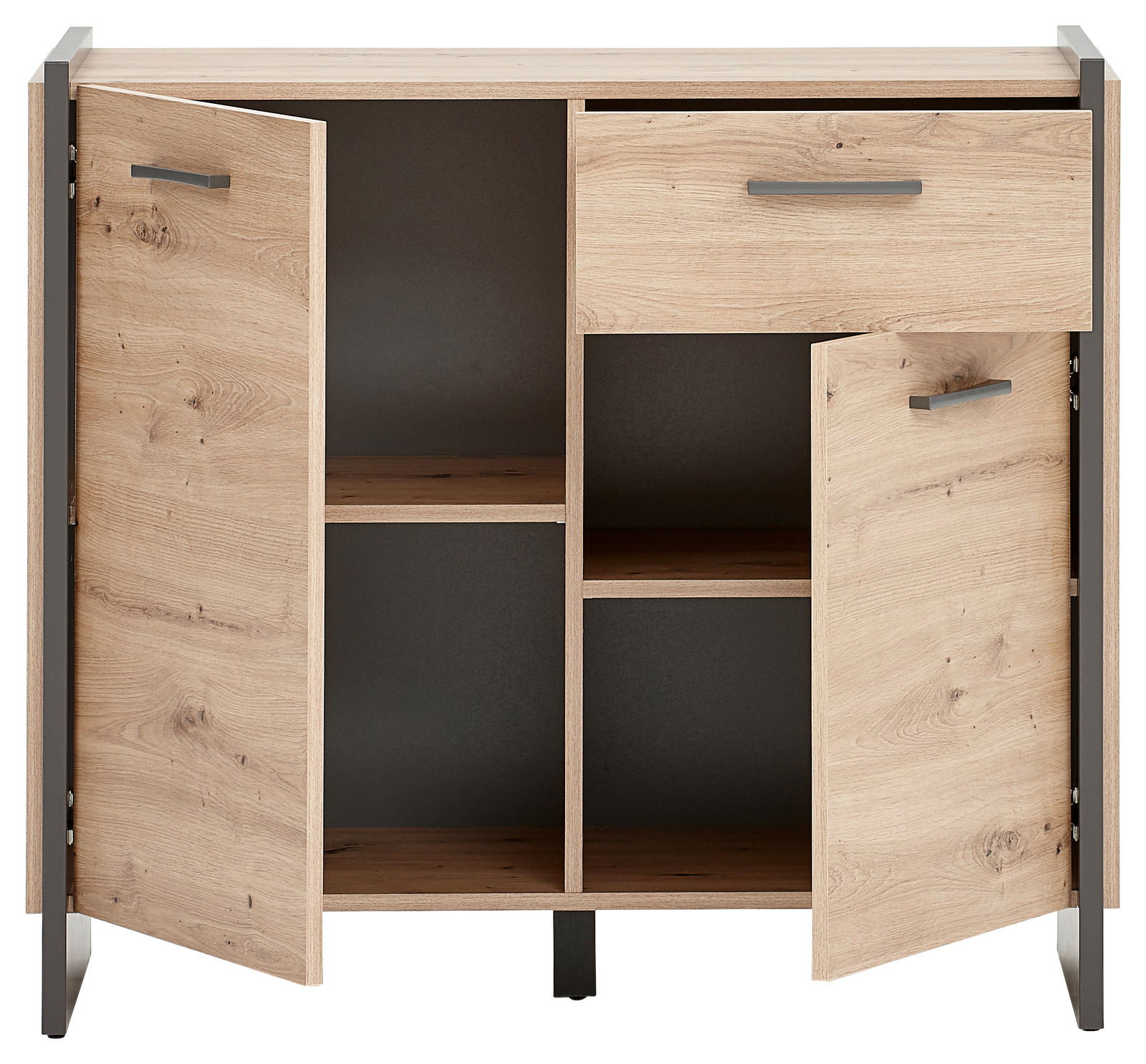 Kommode aus Holz mit zwei offenen Türen und einer Schublade, frontale Ansicht