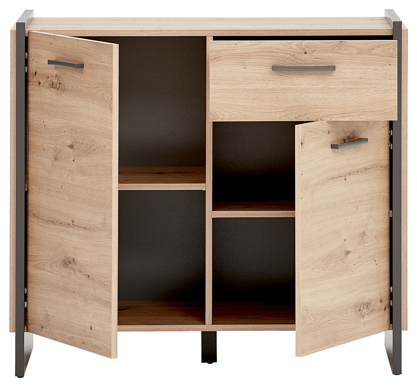 Kommode aus Holz mit zwei offenen Türen und einer Schublade, frontale Ansicht