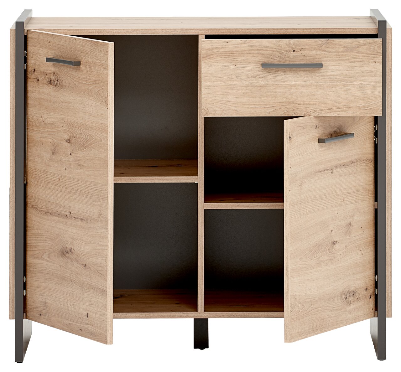 Kommode aus Holz mit zwei offenen Türen und einer Schublade, frontale Ansicht