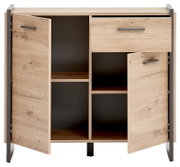 Houten ladekast met twee open deuren en een lade, vooraanzicht