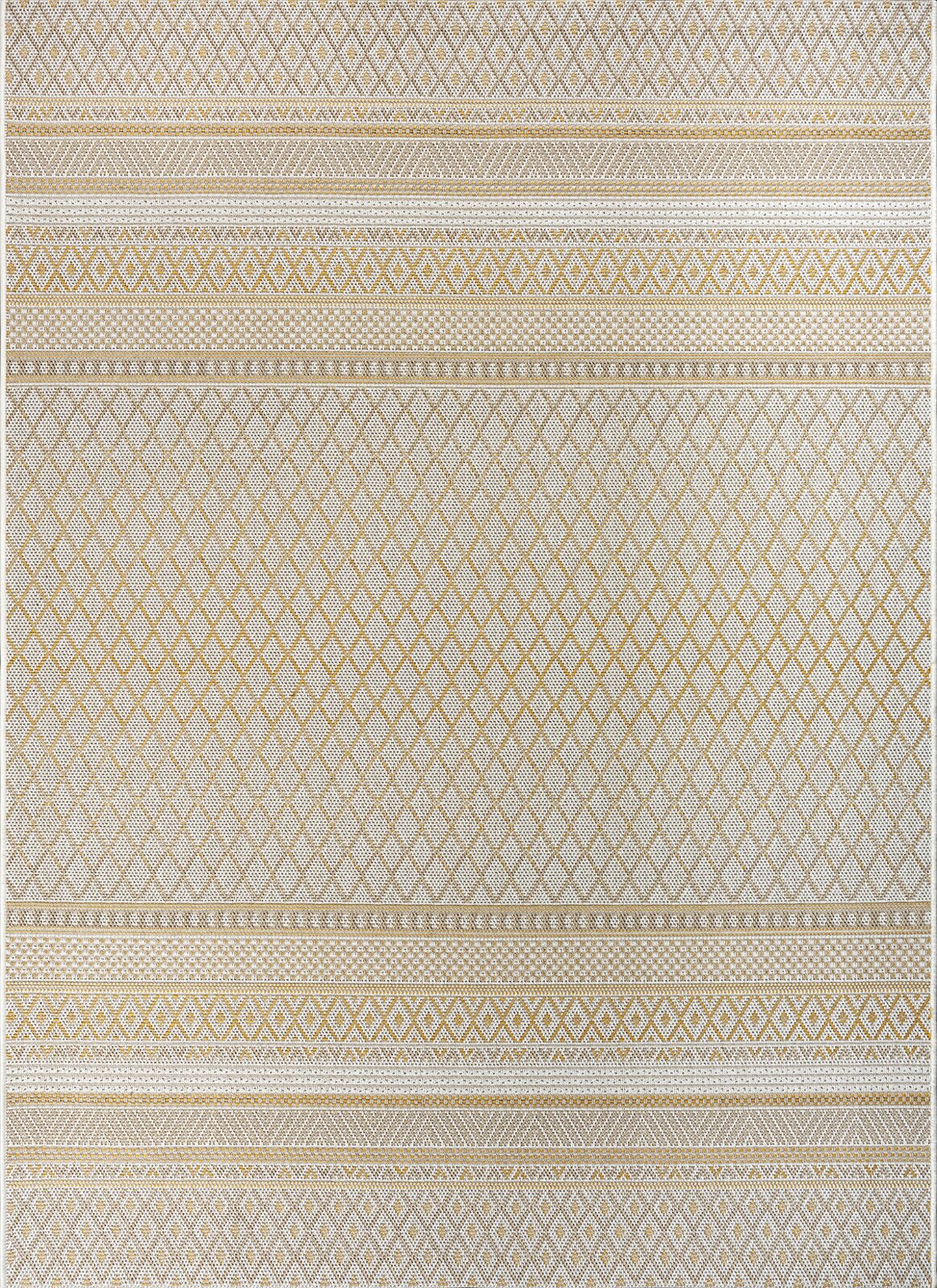 Bovenaanzicht van een rechthoekig tapijt in beige en wit met goudgele accenten, met een geweven ruit- en streepmotief in boho-stijl.