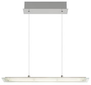 Moderne LED-Hängeleuchte in rechteckiger Form, von vorne betrachtet, mit zwei Kabeln an einer rechteckigen Deckenhalterung befestigt.