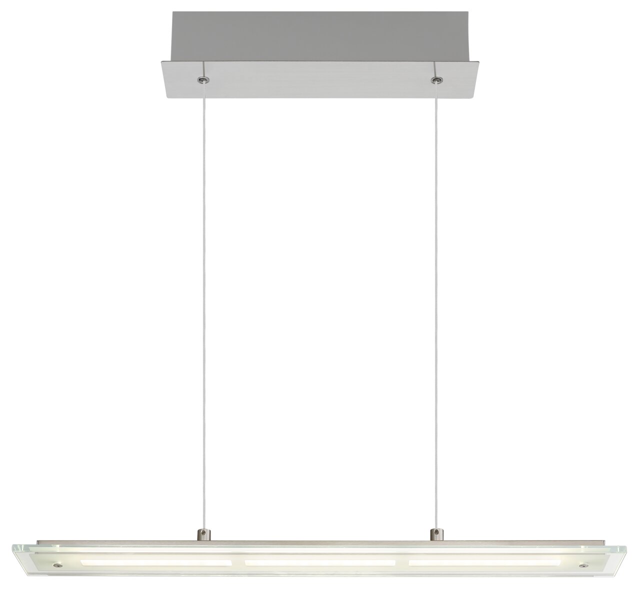 Moderne LED-Hängeleuchte in rechteckiger Form, von vorne betrachtet, mit zwei Kabeln an einer rechteckigen Deckenhalterung befestigt.