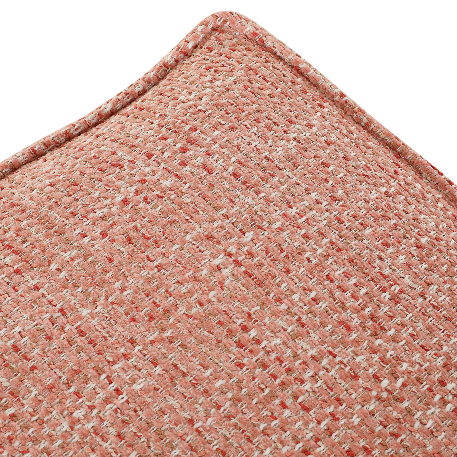 Nahaufnahme eines Hockers mit rosa und weißem Stoffbezug, aus der Perspektive von oben.