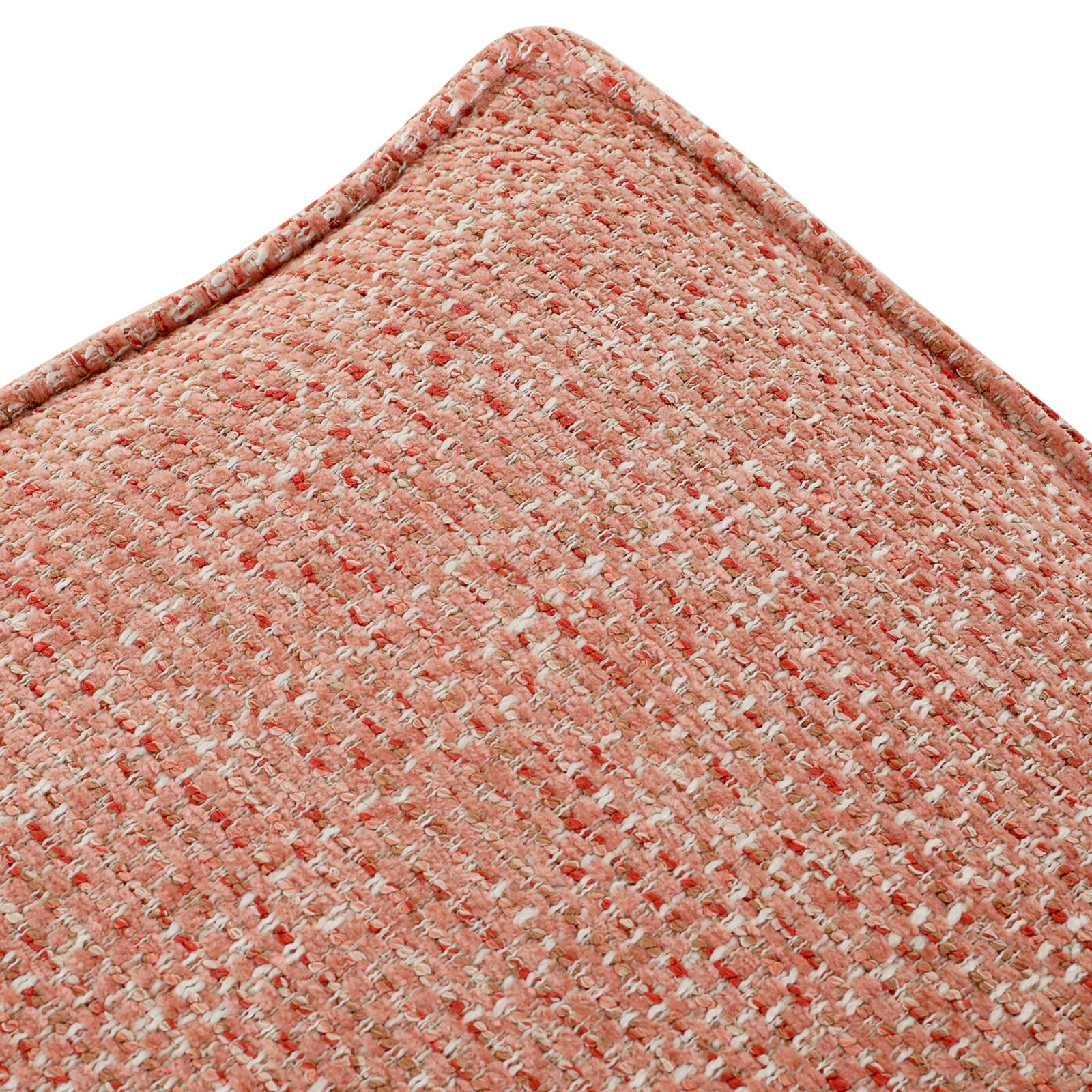 Close-up van een kruk met een roze en witte stoffen bekleding, gezien van bovenaf.