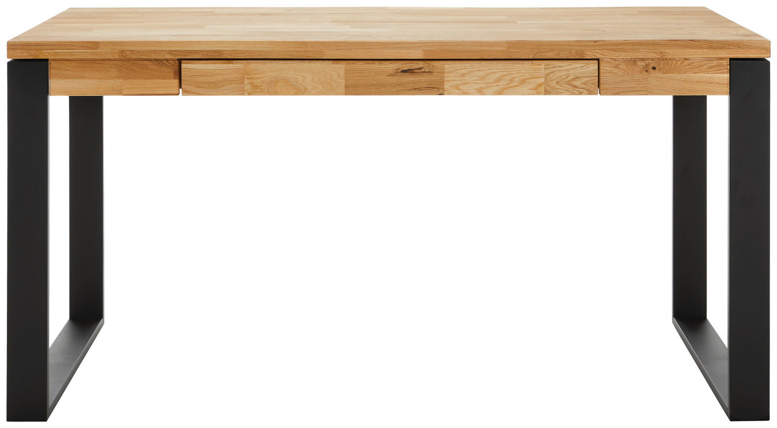 Moderner Schreibtisch aus Holz mit schwarzem Metallgestell, Frontalansicht