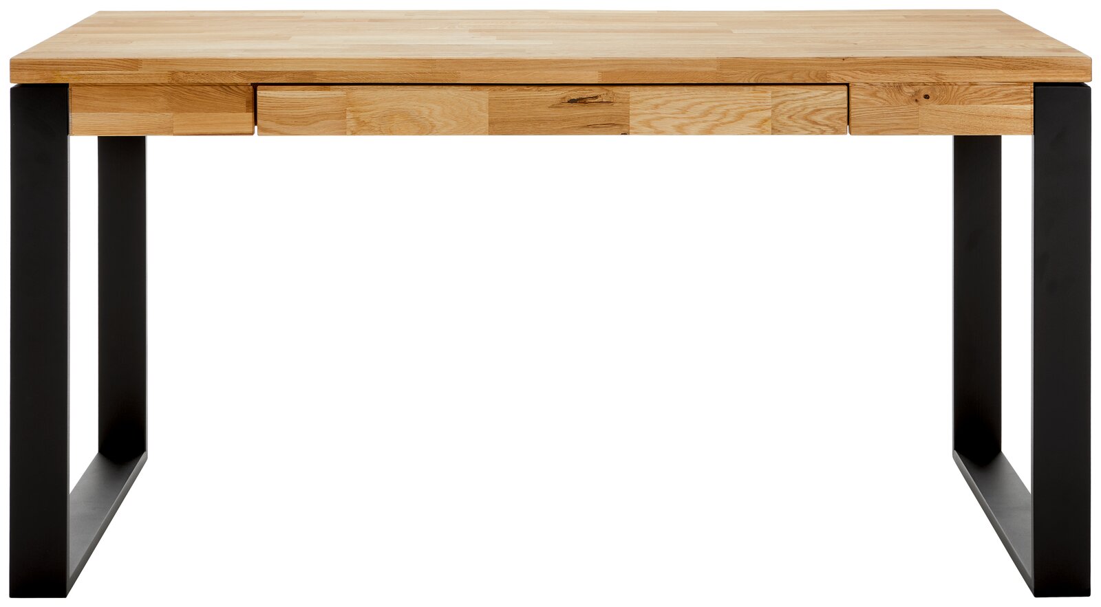 Moderner Schreibtisch aus Holz mit schwarzem Metallgestell, Frontalansicht