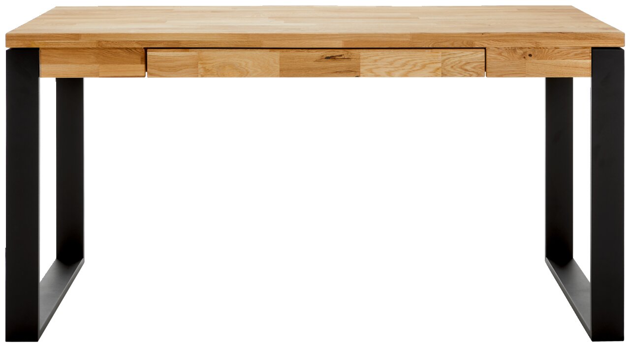 Moderner Schreibtisch aus Holz mit schwarzem Metallgestell, Frontalansicht