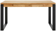 Moderner Schreibtisch aus Holz mit schwarzem Metallgestell, Frontalansicht