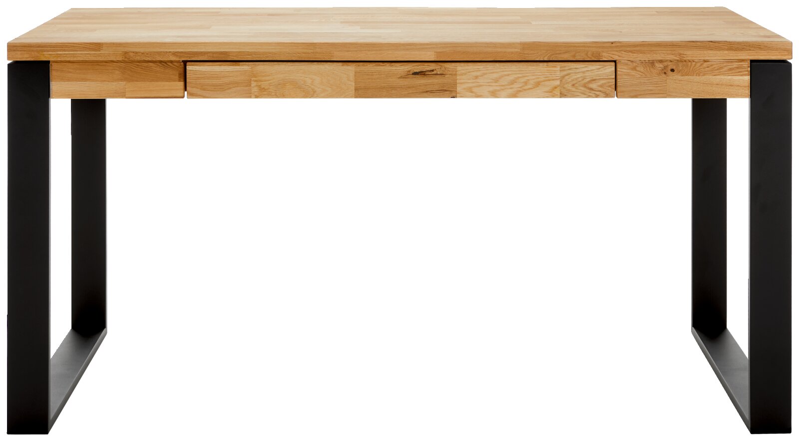 Modern houten bureau met zwart metalen onderstel, vooraanzicht