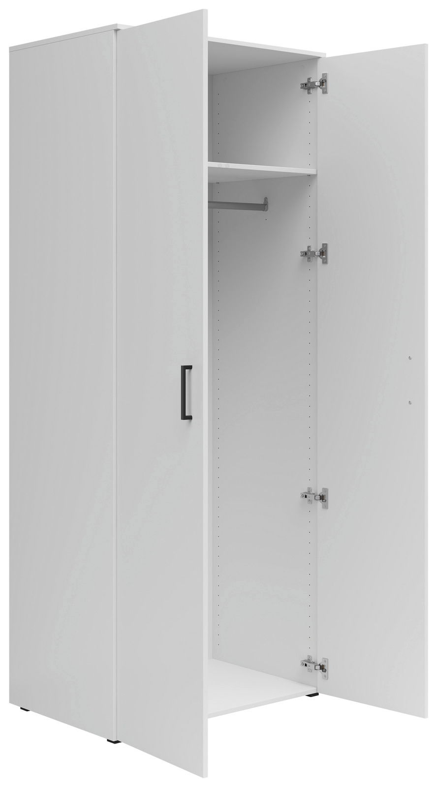 Weißer Mehrzweck-Kleiderschrank mit geöffneter Tür, zeigt Innenraum mit Kleiderstange und Regalbrett, Perspektive von vorne links