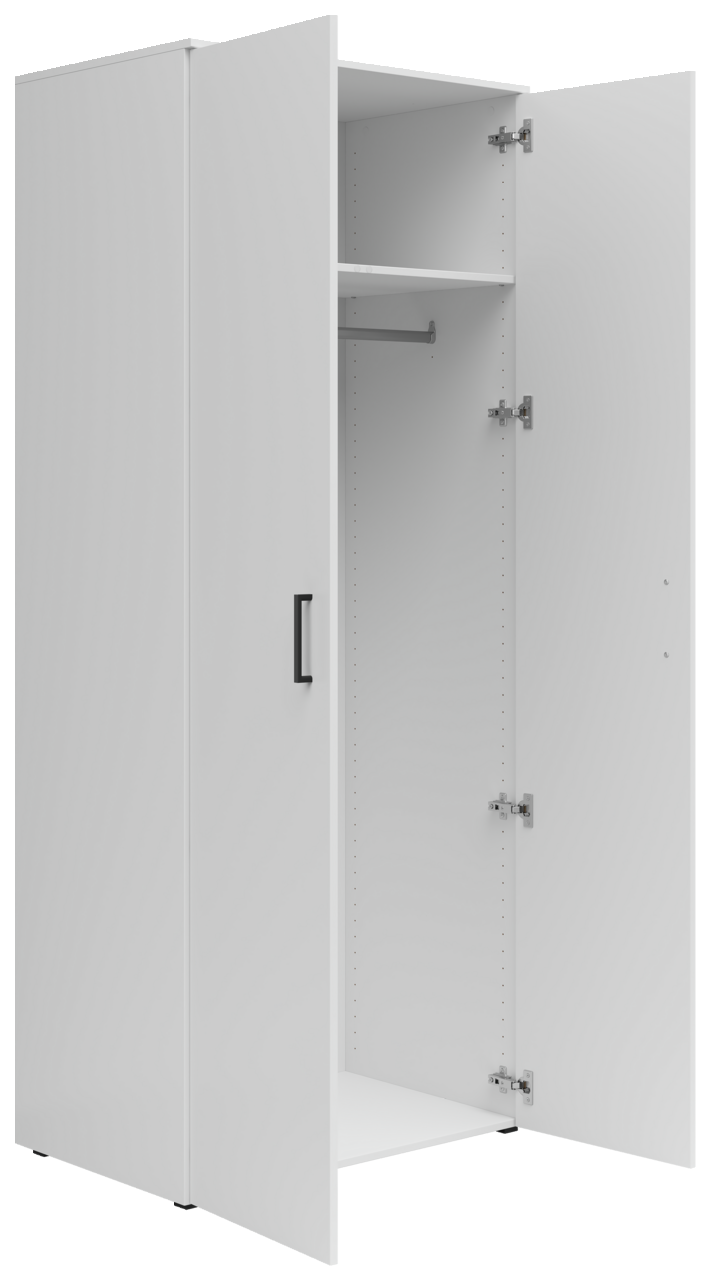 Weißer Mehrzweck-Kleiderschrank mit geöffneter Tür, zeigt Innenraum mit Kleiderstange und Regalbrett, Perspektive von vorne links