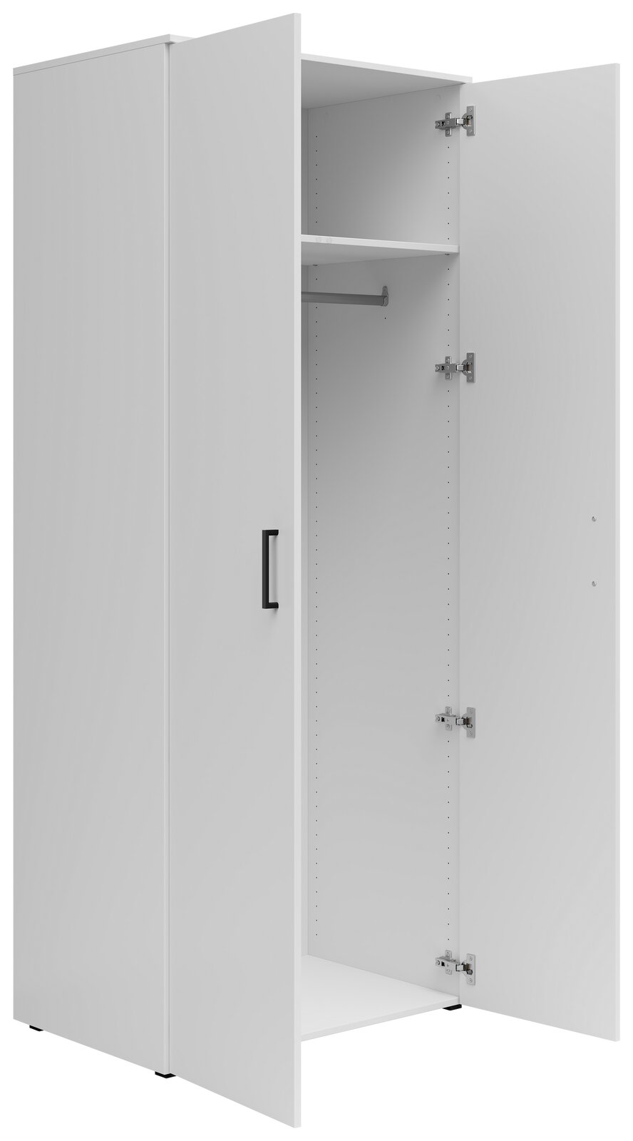 Weißer Mehrzweck-Kleiderschrank mit geöffneter Tür, zeigt Innenraum mit Kleiderstange und Regalbrett, Perspektive von vorne links