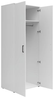 Weißer Mehrzweck-Kleiderschrank mit geöffneter Tür, zeigt Innenraum mit Kleiderstange und Regalbrett, Perspektive von vorne links