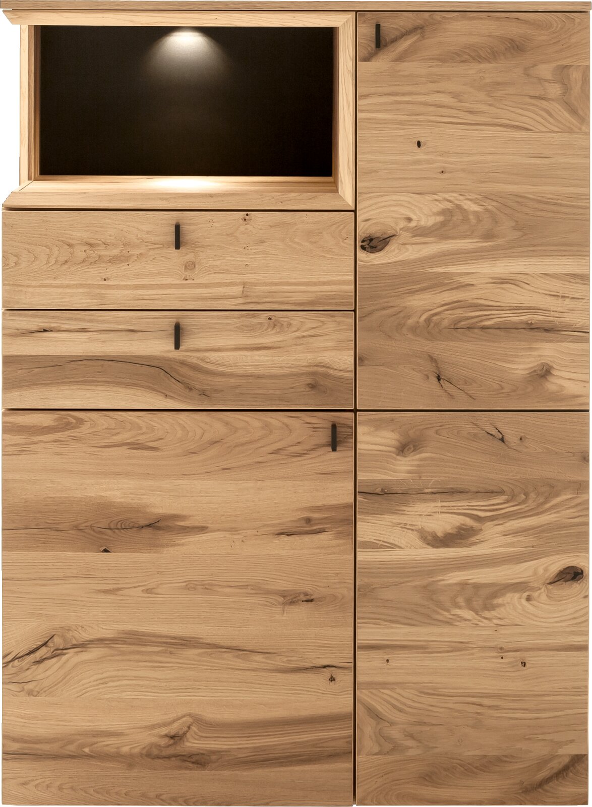 Venjakob Highboard ANDIAMO 3.0 Frontansicht einer massiven Holz-Kommode aus Eiche mit natürlicher Maserung, zwei Türen und mehreren Schubladen sowie offenem Fach mit integrierter Beleuchtung